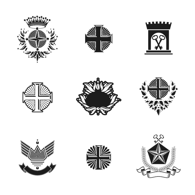 Vector ancient crosses crown stars and flowers emblems set. heraldic coat of arms, vintage vector logos collection.