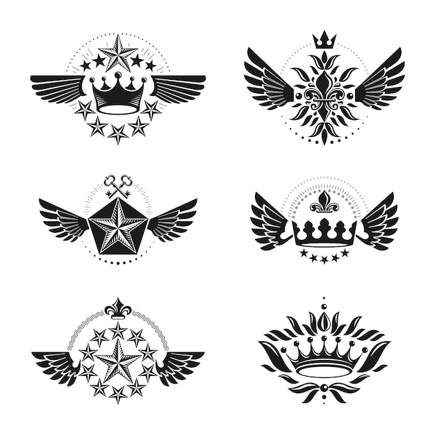 Ancient Crowns and Military Stars emblems set. Heraldic vector design elements collection. Retro style label, heraldry logo.