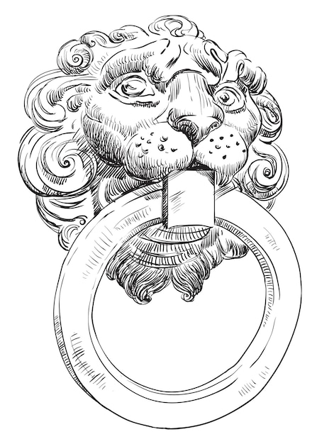 Ancient door handle in the form of a lion's head with a ring in mouth, vector hand drawing illustration in black color isolated on white background