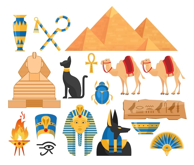 Vector ancient egypt cartoon colorful illustrations set. egyptian symbols collection isolated