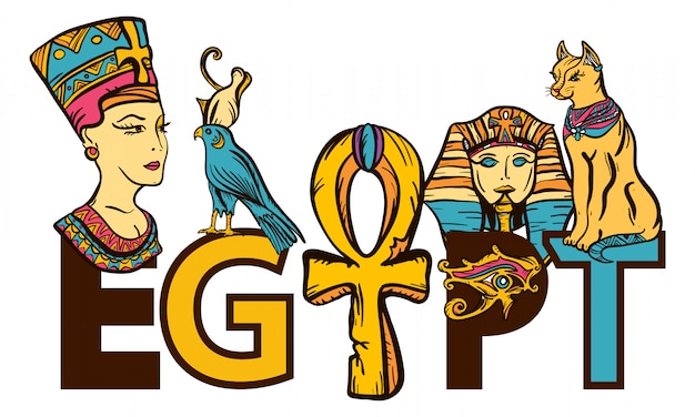 Vector ancient egypt. pharaoh, ankh, eye, cat