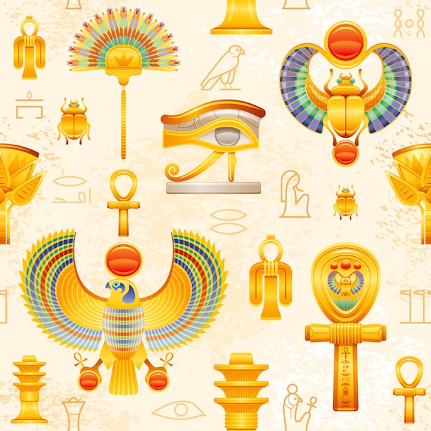 Ancient egypt seamless pattern.  egyptian pharaoh  symbol background. ra sun scarab, horus falcon wadjet eye, isis tyet knot, coptic ankh, fan, lotus, osiris djed pillar.