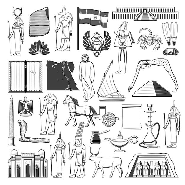 Vector ancient egypt travel landmark map flag sketches