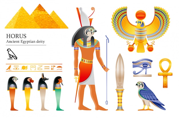 Ancient egyptian god horus icon set. falcon deity, pyramid, dagger, bird, ankh, four sons of horus, canopic jars, hieroglyph.