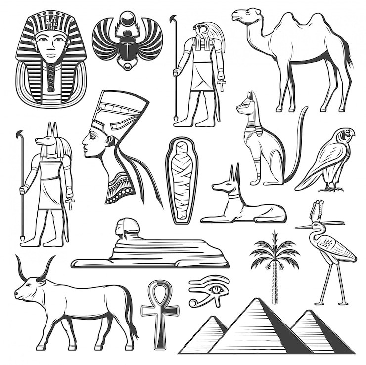 Vector ancient egyptian pharaoh, mummy, pyramids, sphinx