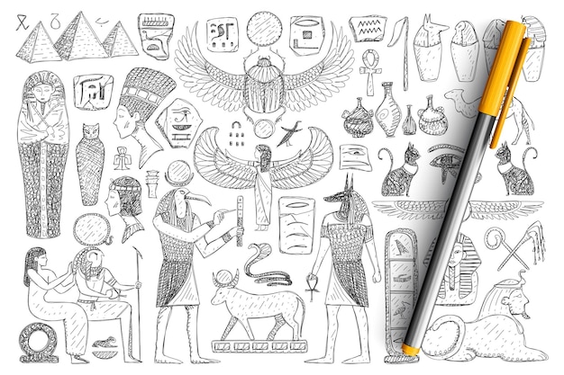 Вектор Набор каракули древних египетских символов. коллекция рисованной пирамид, фараон, священник, религиозные знаки изолированы.