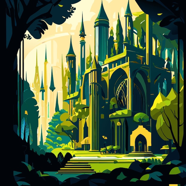 Vector ancient elven temple in the enchanted forest