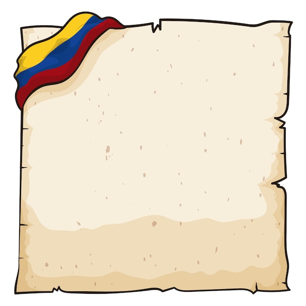 Vector ancient and empty scroll template decorated with tiny colombian flag in cartoon style