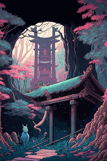 Vector an ancient empty temple in the enchanted forest. japanese anime cartoon, digital art style.