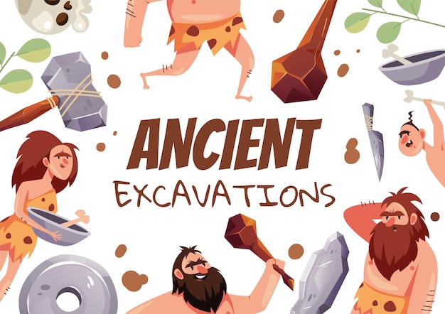 Ancient excavation stone age civilization dinosaur banner background concept