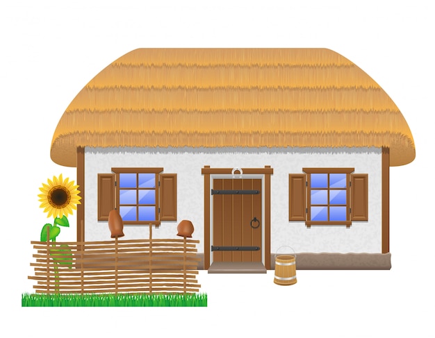 Вектор Старинный фермерский дом с соломенной крышей, векторная иллюстрация