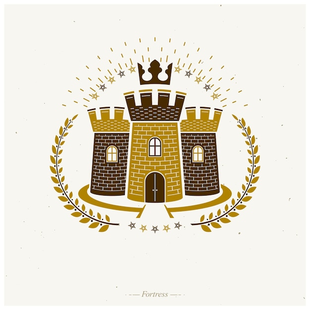 Ancient Fortress emblem. Heraldic Coat of Arms, vintage vector logo. Ornate logotype in old style on isolated white background.