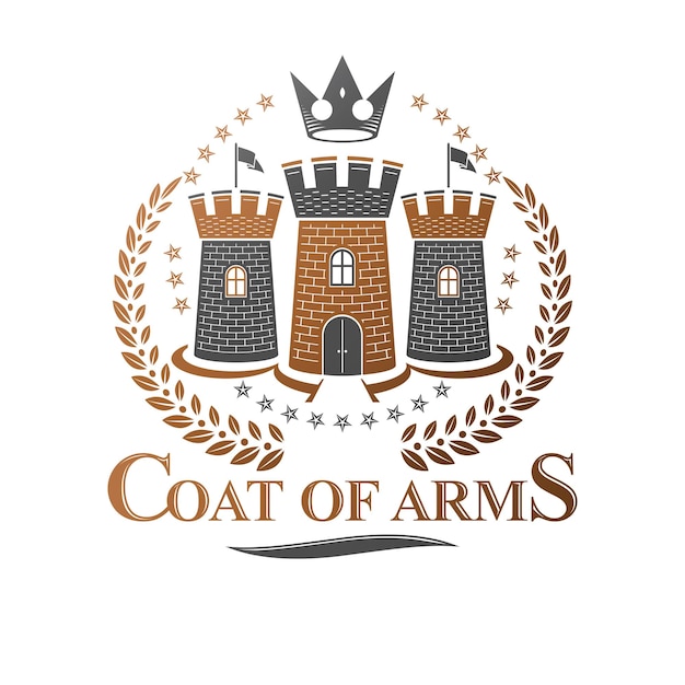 Ancient Fortress emblem. Heraldic Coat of Arms, vintage vector logo. Ornate logotype in old style on isolated white background.