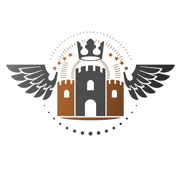 Ancient Fortress emblem. Heraldic Coat of Arms, vintage vector logo. Retro logotype in old style on isolated white background.