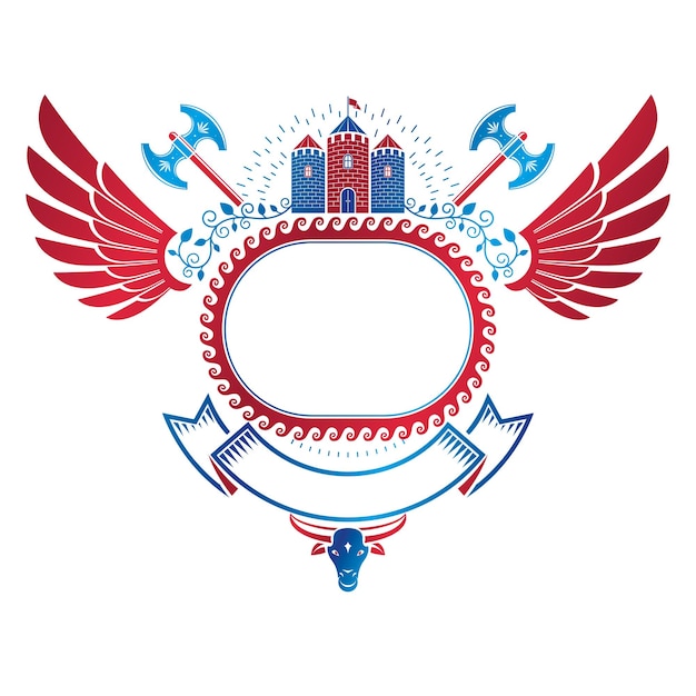 Ancient fortress emblem with eagle wings and hatchets. heraldic coat of arms, vintage vector logo created using historic tower and decorative ribbon.