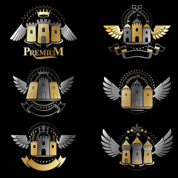 Ancient Fortresses emblems set. Heraldic Coat of Arms, vintage vector logos collection.