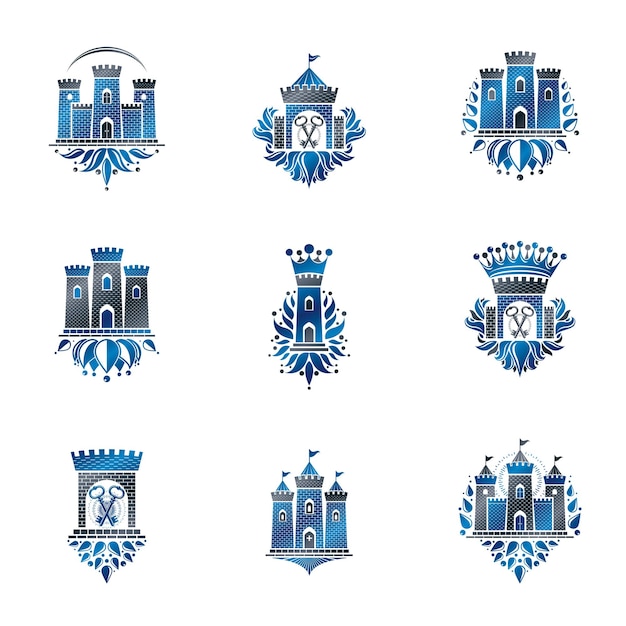 Ancient Fortresses emblems set. Heraldic Coat of Arms, vintage vector logos collection.