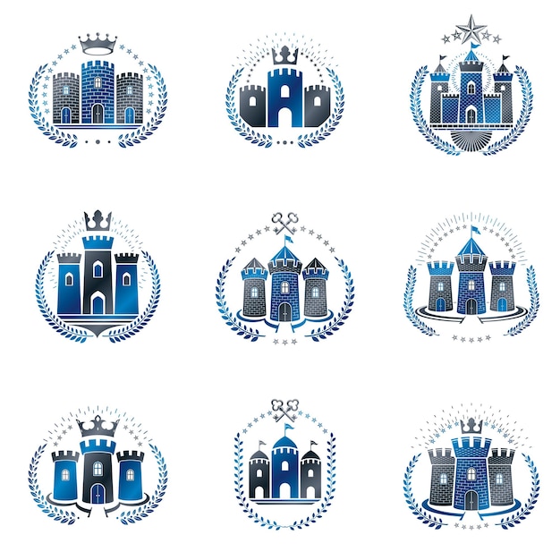 Set di emblemi di antiche fortezze. stemma araldico, collezione di loghi vettoriali vintage.