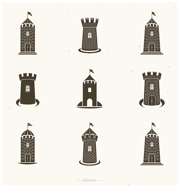 Vettore set di emblemi di antichi forti. collezione di illustrazioni vettoriali isolate con loghi decorativi stemmi araldici.