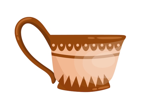 Ancient grecian ornamented jug with handle. Old greek pottery decorated with hellenic ornaments. Flat vector cartoon illustration of antique ceramic amphora kyathos isolated on white background.