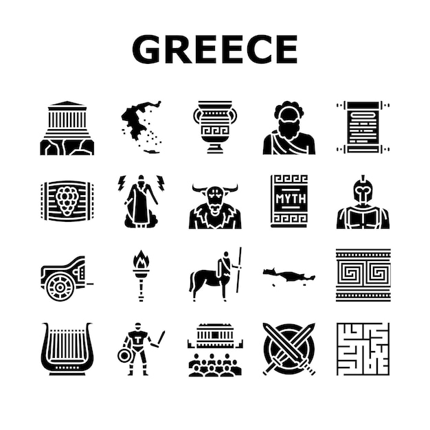 Ancient greece mythology history icons set vector