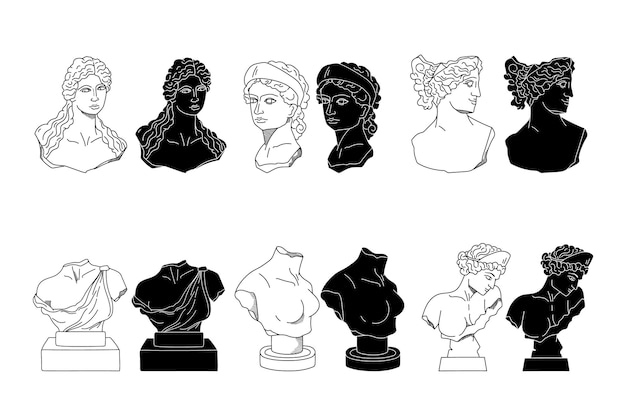 Vector ancient greek bust statues of goddess and nymphs vector silhouettes of antique female sculptures