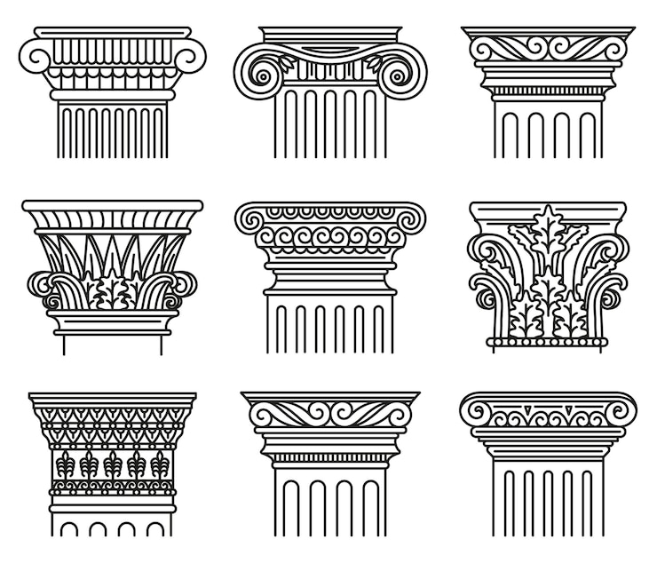 Vector ancient greek capitals. architectural orders, ionic and doric antique capitals illustration set