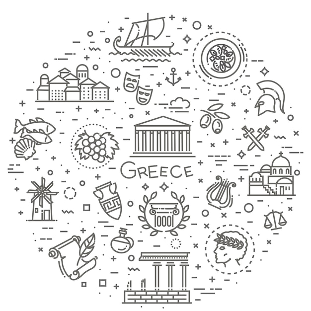 Ancient Greek civilization Art and culture vector icon set