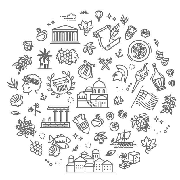 Ancient greek civilization art and culture vector icon set