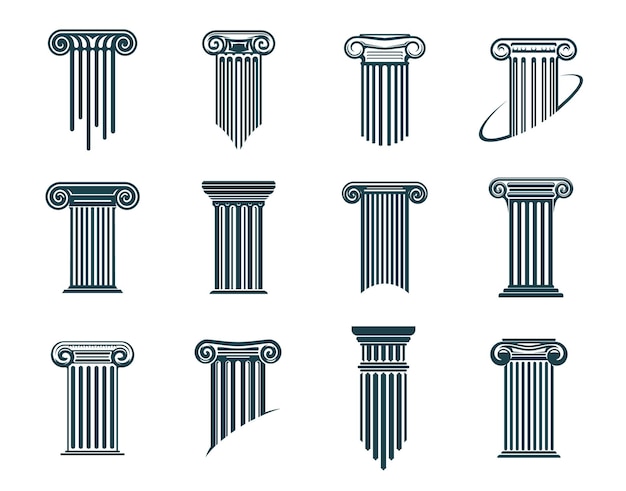 Vector ancient greek columns and pillars icons legal attorney and law office vector symbols column pillar signs for lawyer notary justice court and legislation firm or notarial and judicial education