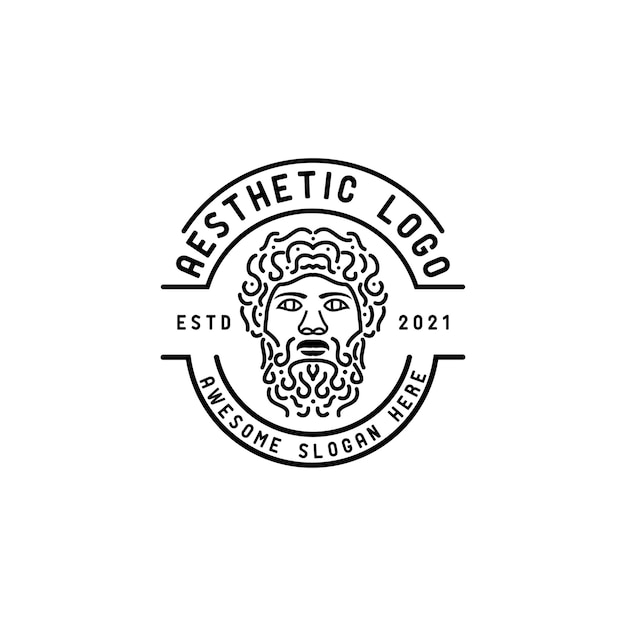 古代ギリシャの神の線形のロゴのデザイン古代ギリシャの哲学者の神の像は顔とあごひげを描く