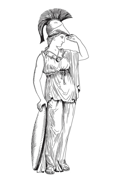 The ancient Greek goddess of wisdom Pallas Athena in a helmet and tunic stands and holds a shield