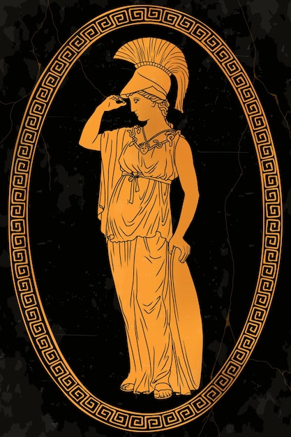 The ancient Greek goddess of wisdom Pallas Athena in a helmet and tunic stands and holds a shield