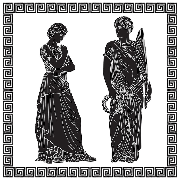 An ancient Greek man stands and holds a laurel wreath and a palm branch and looks at the woman