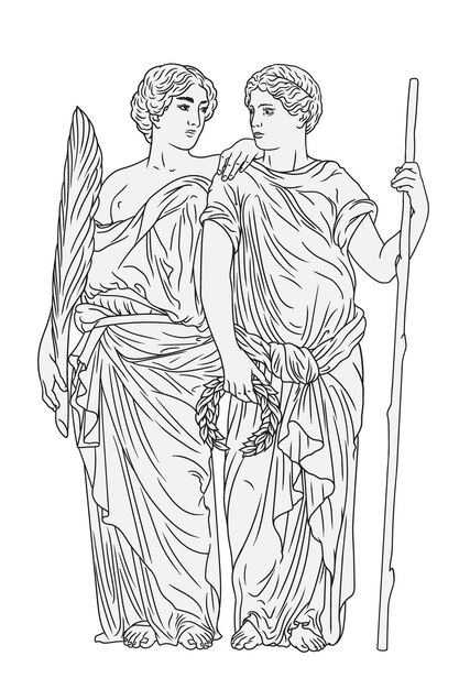 An ancient Greek man in a tunic stands and holds a laurel wreath in his hands and looks at the woman