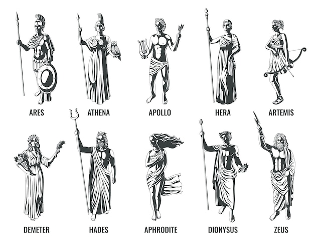 Древнегреческие олимпийские боги с их именами плоские черно-белые наборы  изолированных векторных иллюстраций | Премиум векторы