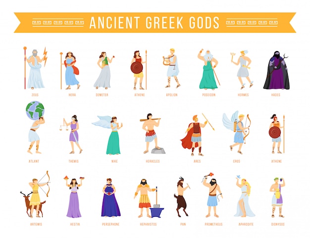 Vector ancient greek pantheon gods and goddesses flat vector illustrations set. titans and heroes. mythology. olympian deities. divine mythological figures. isolated cartoon characters