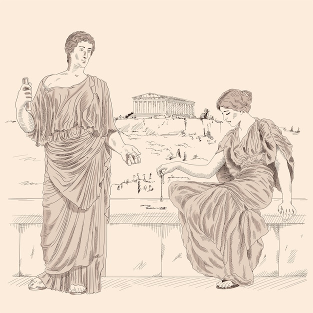 Vector an ancient greek poet recites poetry to a woman sitting on a stone parapet against of the landscape of the city of athens.