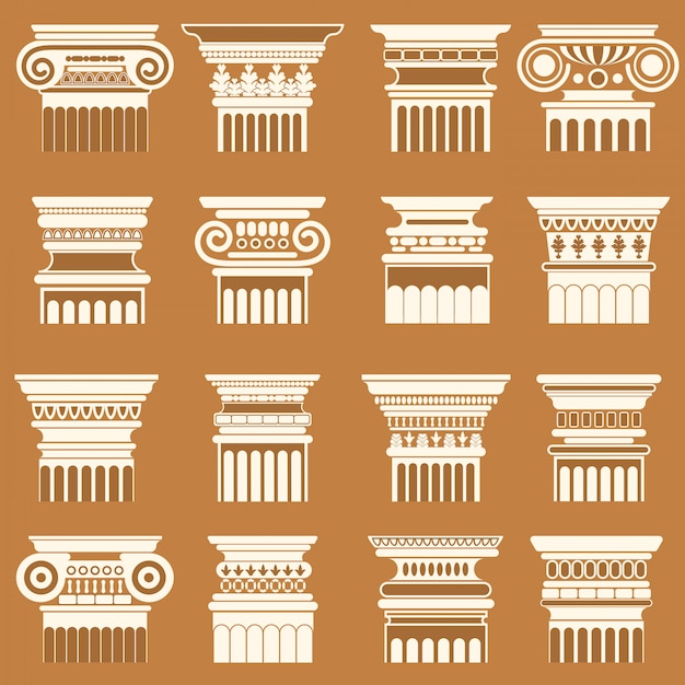 Vector ancient greek roma column capitals silhouette set.