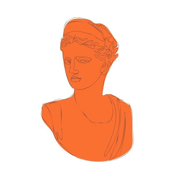 Древнегреческая скульптура. Греческая мифологическая статуя, рисунок одной линии, художественный дизайн головы богини. Вектор