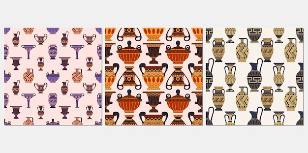 Ancient greek vases seamless pattern set