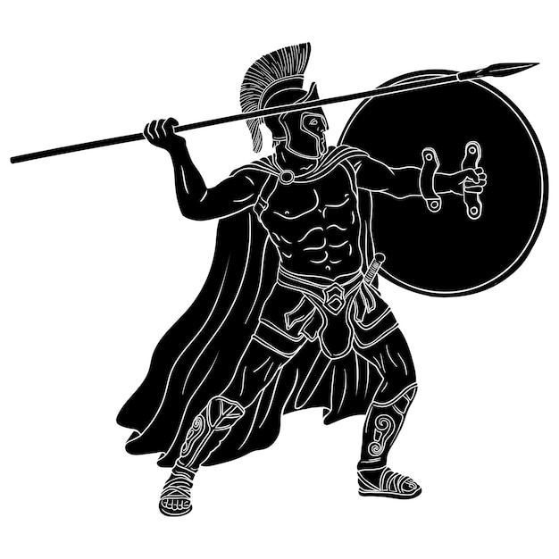 Вектор Древнегреческий воин с копьем и щитом в руках