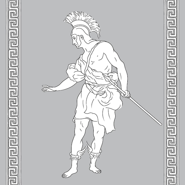 Ancient greek warrior with a spears in his hands. figure isolated on grey background.