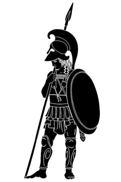 Ancient Greek warrior with a spears and shields in their hands. Figure isolated on white background.