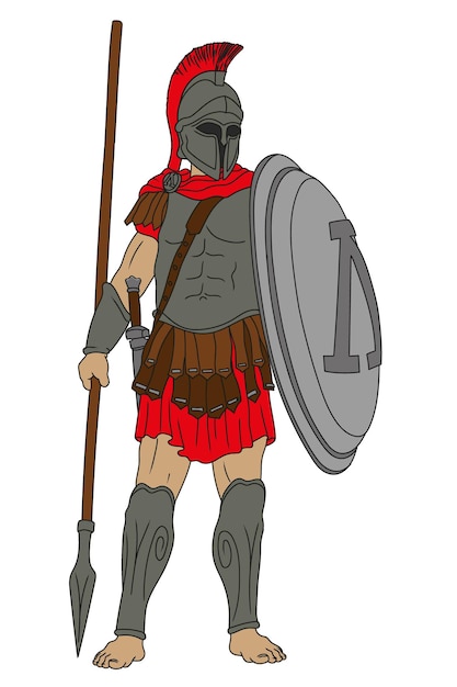 Ancient Greek warrior with a spears and shields in their hands. Figure isolated on white background.