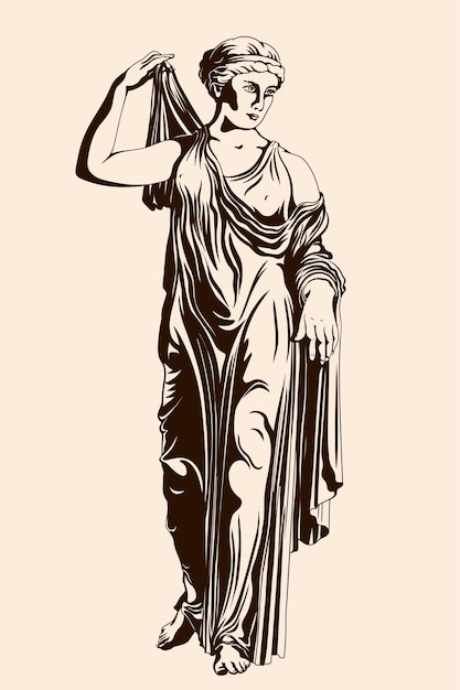 An ancient Greek woman stands and puts on a dress.