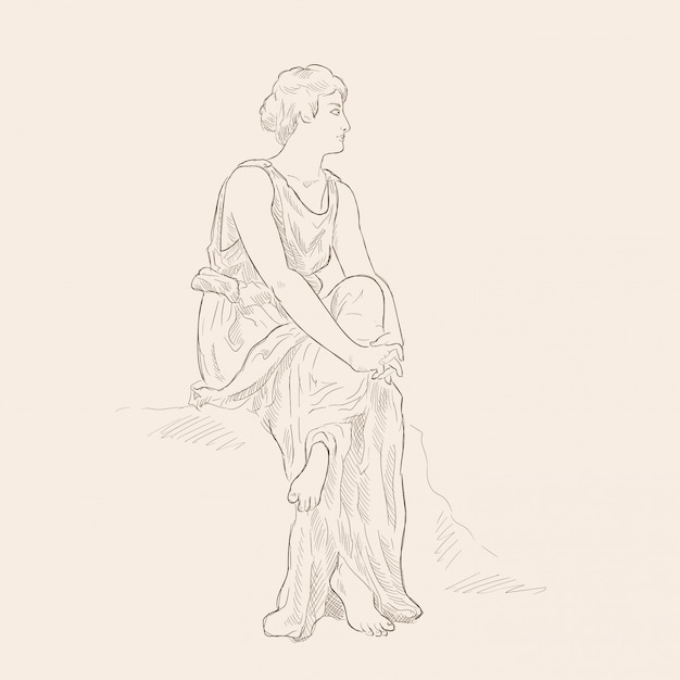 An ancient Greek woman in a tunic sitting with his arms crossed. Vector image isolated on beige background.