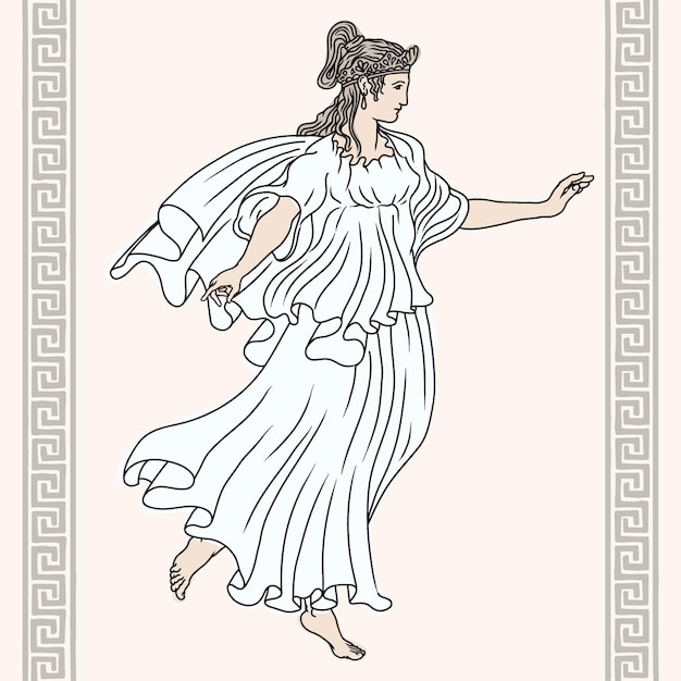 Vector an ancient greek woman in a tunic with bare feet stands, dances and gesticulates.