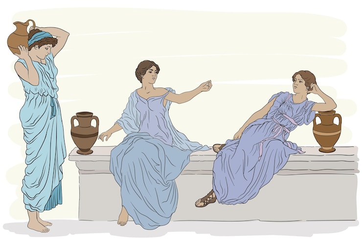 Vector ancient greek women in tunics with clay jugs are talking to each other