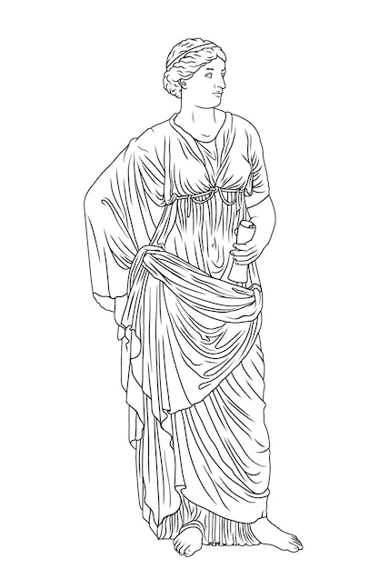 An ancient greek young woman in a tunic stands and holds a papyrus scroll